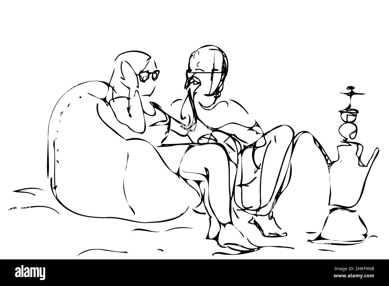 Dessin vectoriel noir et blanc d'un couple sur le canapé et le nargua près Banque D'Images