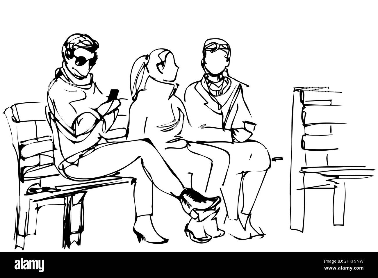 Dessin vectoriel noir et blanc d'amis assis sur un banc Banque D'Images