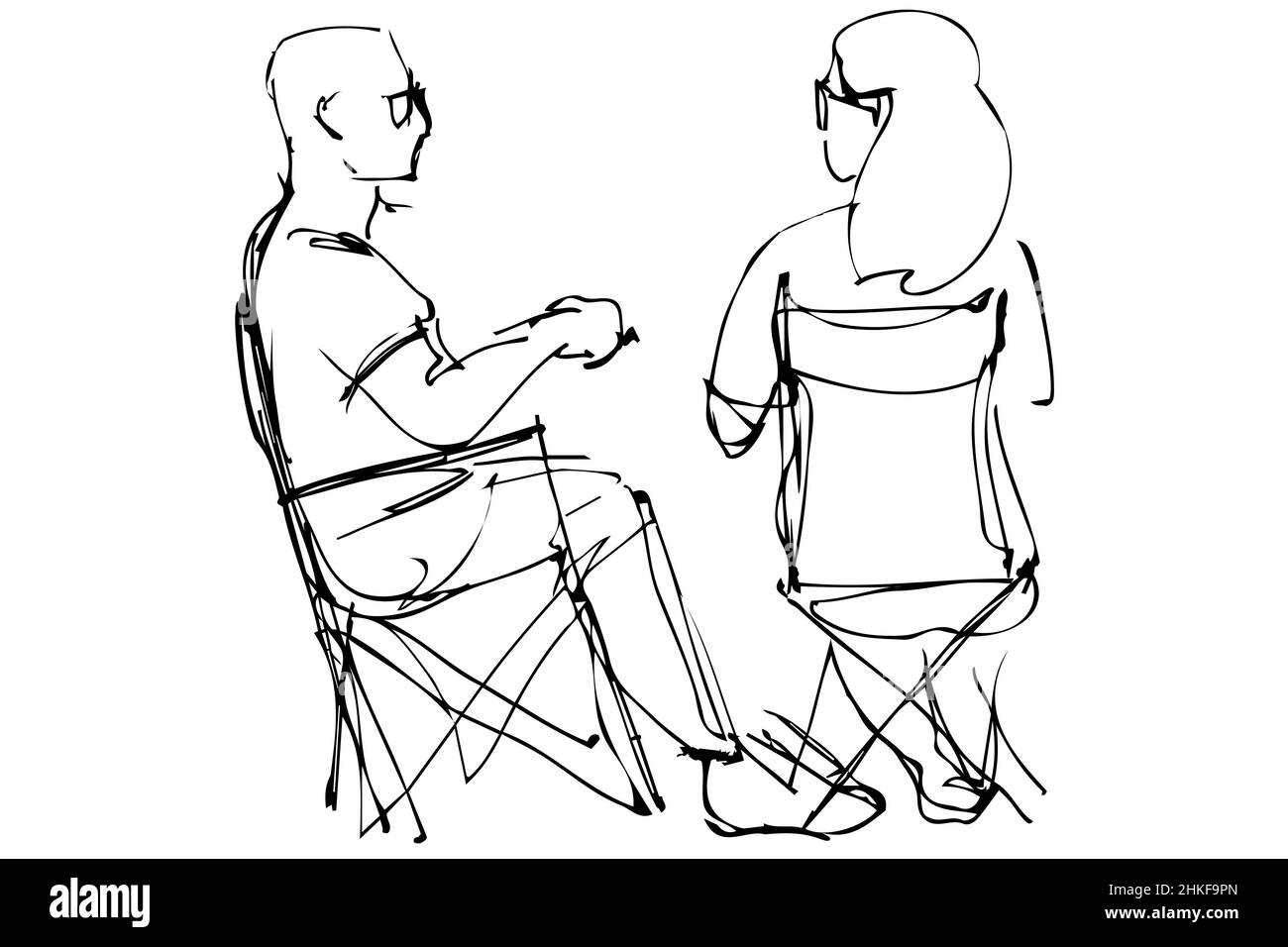 Dessin vectoriel noir et blanc d'un homme en lunettes et d'une femme assise sur des chaises pliables Banque D'Images