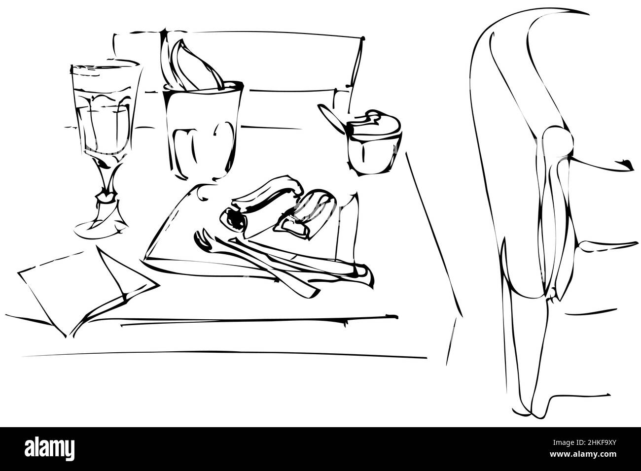 dessin vectoriel noir et blanc d'un verre de vin et de deux saucisses Banque D'Images