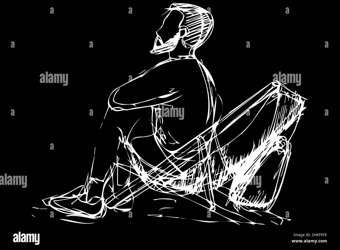 dessin vectoriel noir et blanc d'un jeune homme avec une barbe assise ...