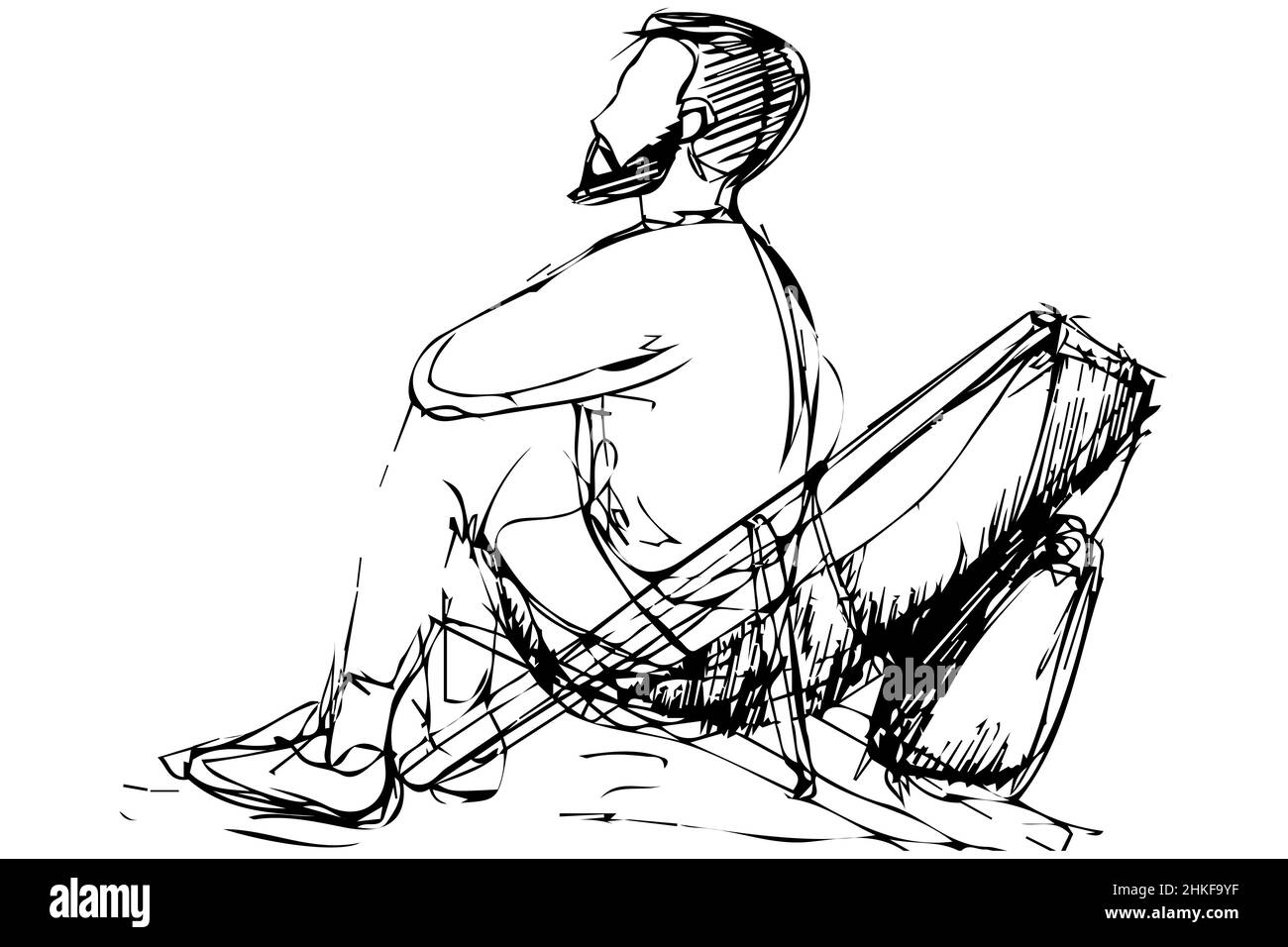 dessin vectoriel noir et blanc d'un jeune homme avec une barbe assise dans un transat Banque D'Images
