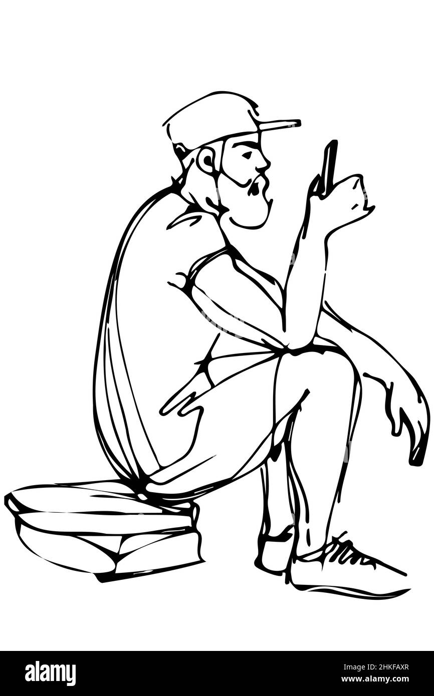 dessin vectoriel noir et blanc d'un homme barbu portant une casquette et un short looks dans le téléphone Banque D'Images