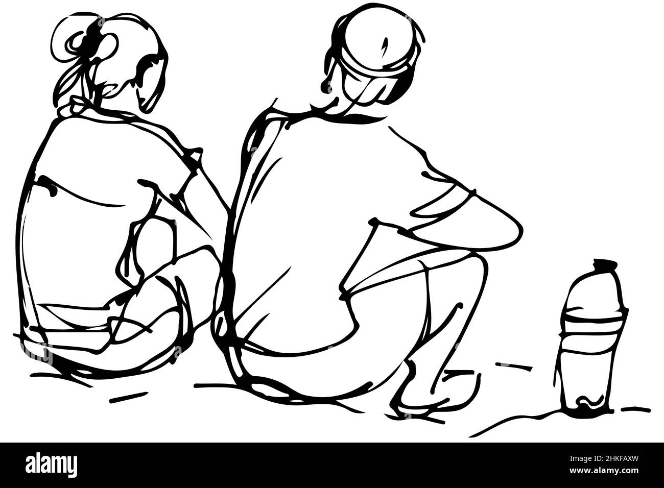 dessin vectoriel noir et blanc de l'homme et de la femme assis sur le rivage Banque D'Images