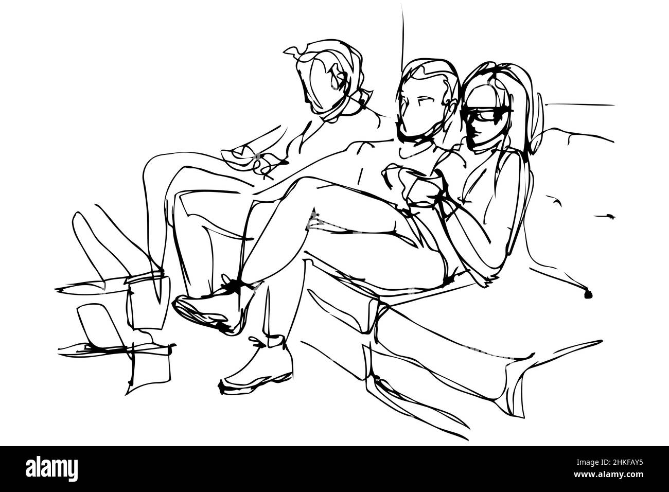 dessin vectoriel noir et blanc de deux garçons et d'une fille assis sur le canapé Banque D'Images