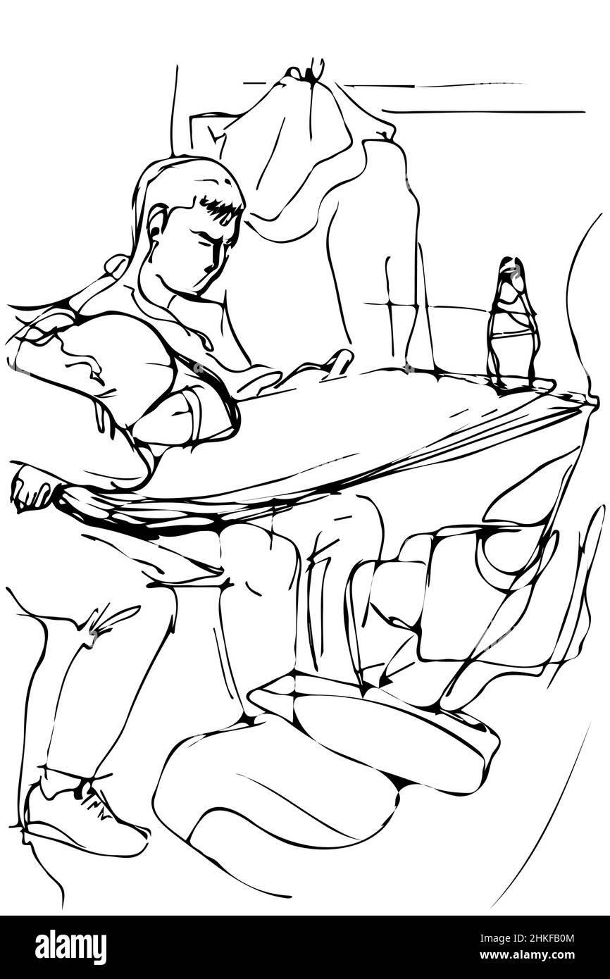 dessin vectoriel noir et blanc d'un jeune homme endormi sur une table près de la fenêtre de la locomotive Banque D'Images