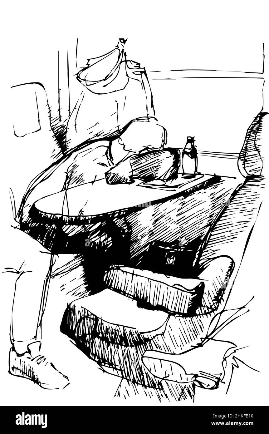 dessin vectoriel noir et blanc d'un jeune homme endormi sur une table près de la fenêtre de la locomotive Banque D'Images
