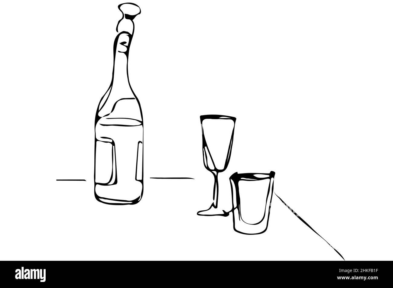dessin vectoriel noir et blanc d'une bouteille de champagne et de verres de vin Banque D'Images