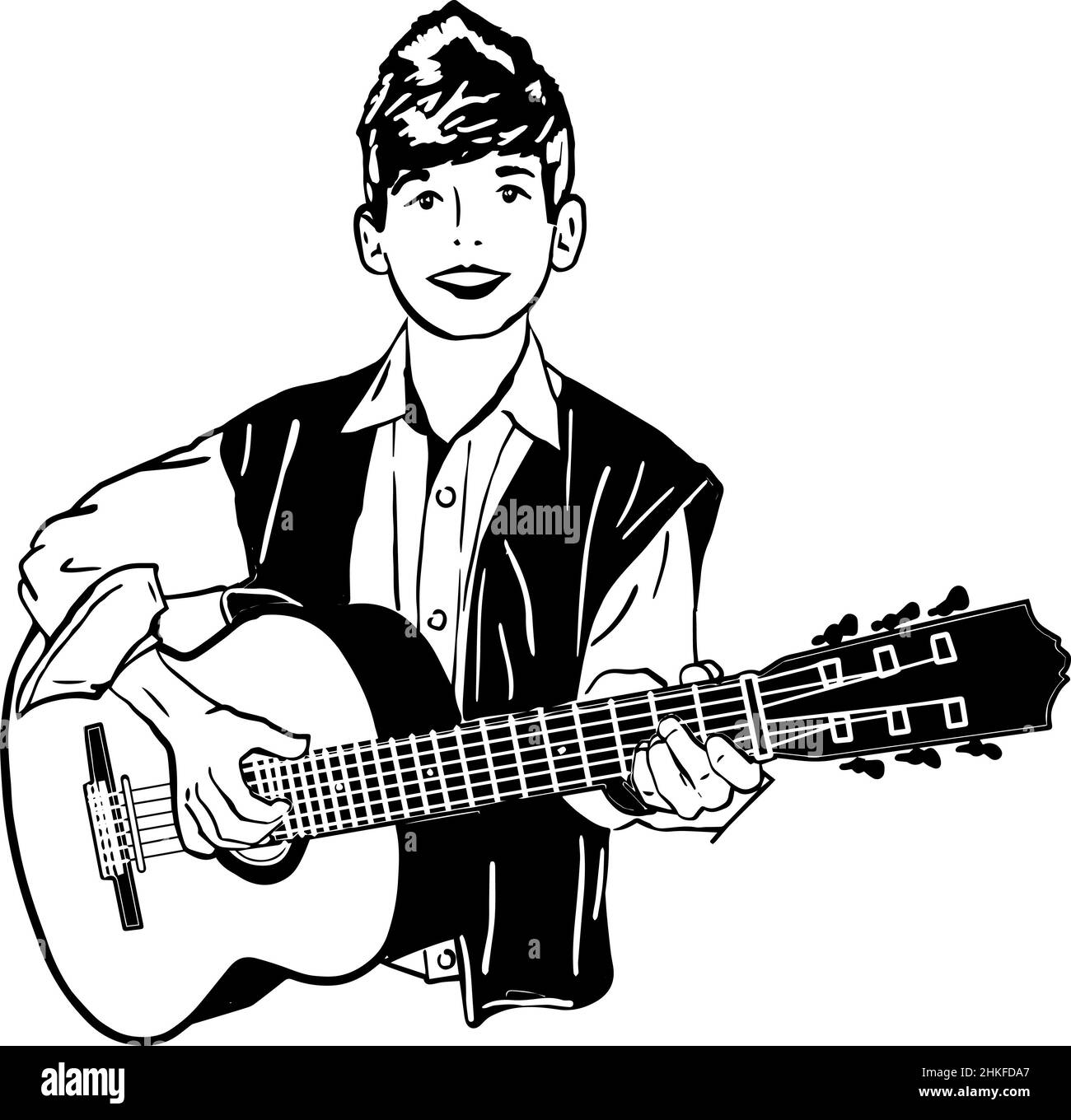 dessin vectoriel noir et blanc d'un garçon jouant une guitare Banque D'Images