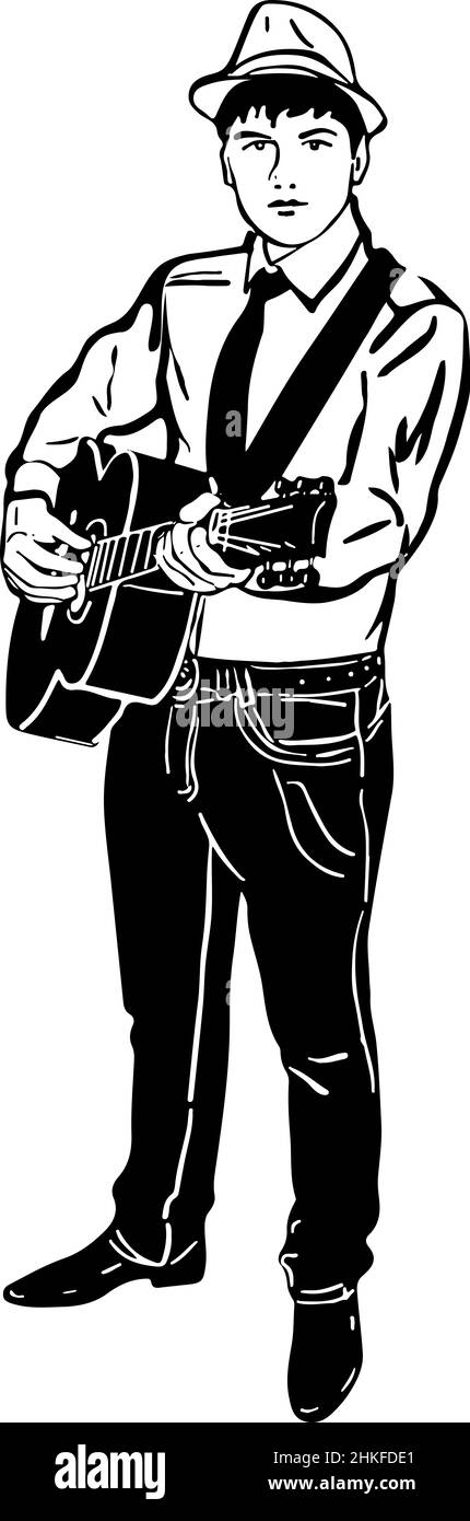 dessin noir et blanc d'un jeune homme dans un chapeau jouant un guitares Banque D'Images dessin noir et blanc d'un jeune homme dans un chapeau jouant un guitares Banque D'Images