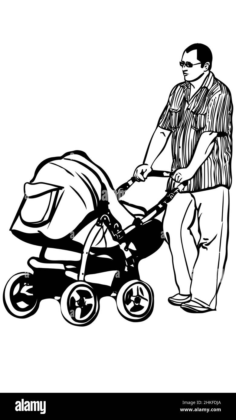 manque et dessin de vecteur blanc d'un jeune père marchant avec un pramb Banque D'Images