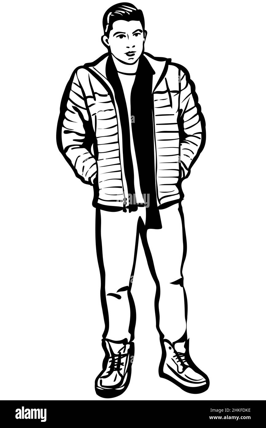 dessin vectoriel noir et blanc d'un jeune homme dans une veste et une écharpe Banque D'Images