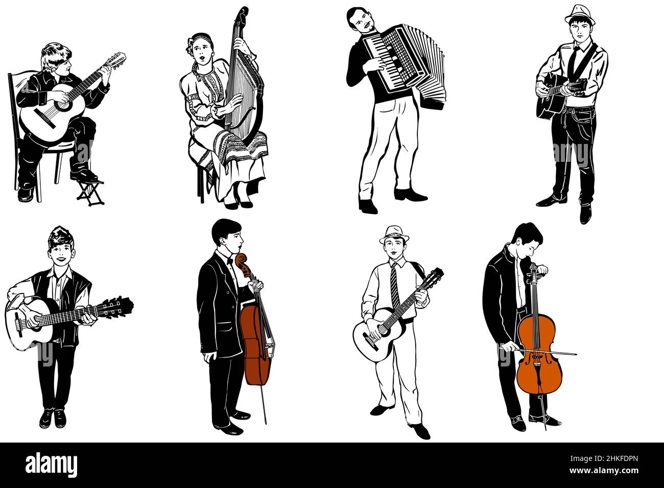 un croquis vectoriel de musiciens jouant divers instruments de musique Banque D'Images