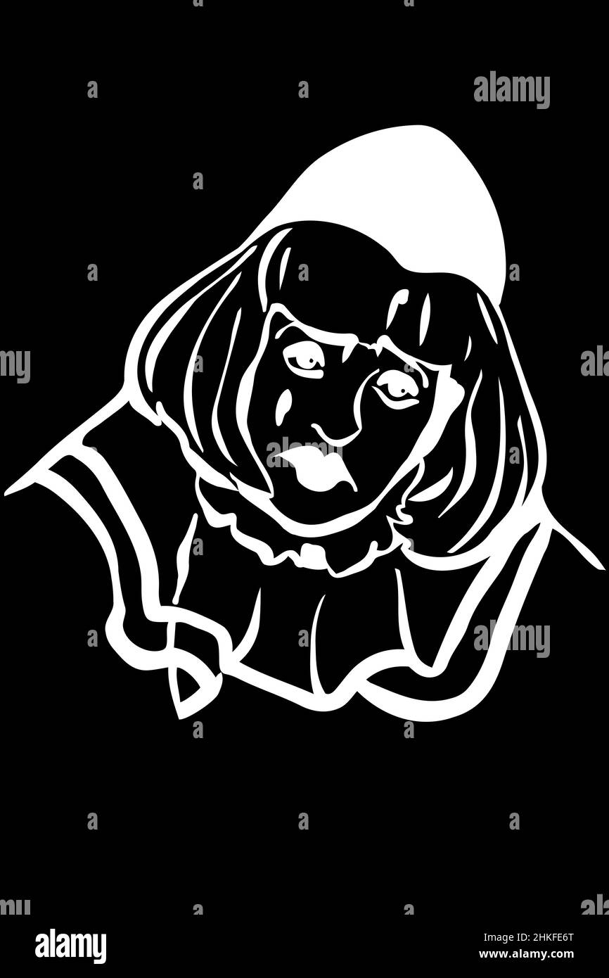 dessin vectoriel noir et blanc d'un clown blanc triste Banque D'Images