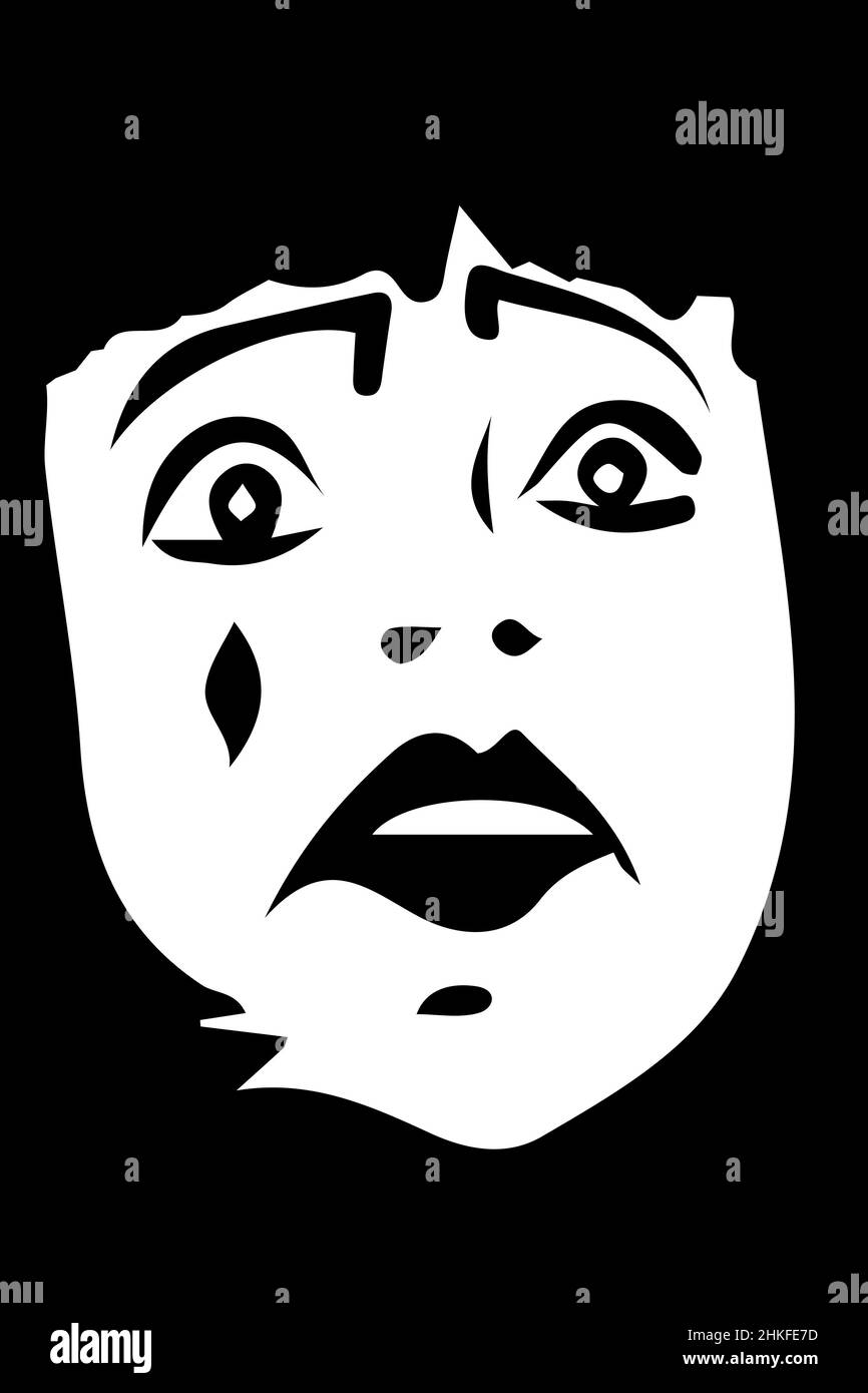 dessin vectoriel noir et blanc d'un clown blanc triste Banque D'Images