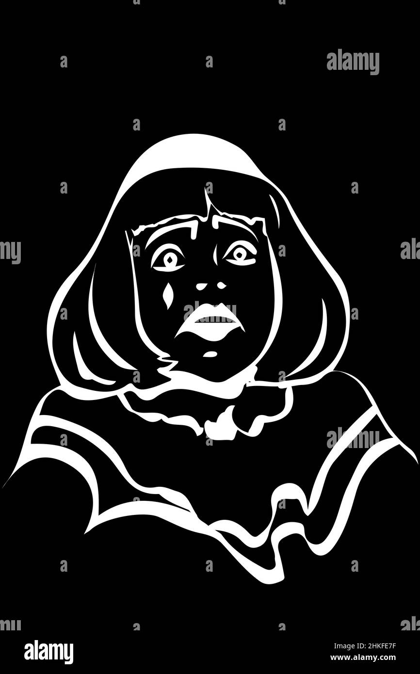 dessin vectoriel noir et blanc d'un clown blanc triste Banque D'Images