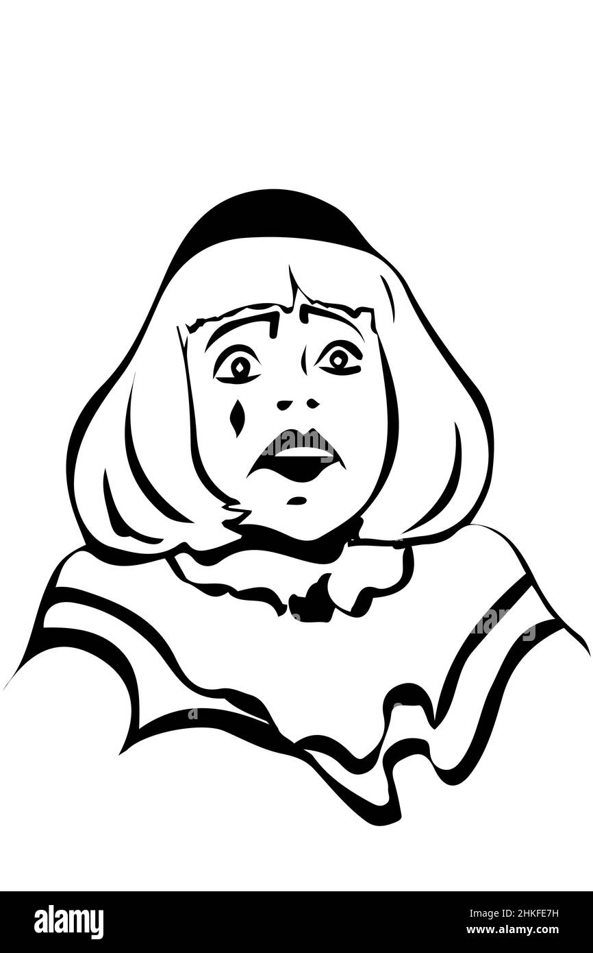 dessin vectoriel noir et blanc d'un clown blanc triste Banque D'Images