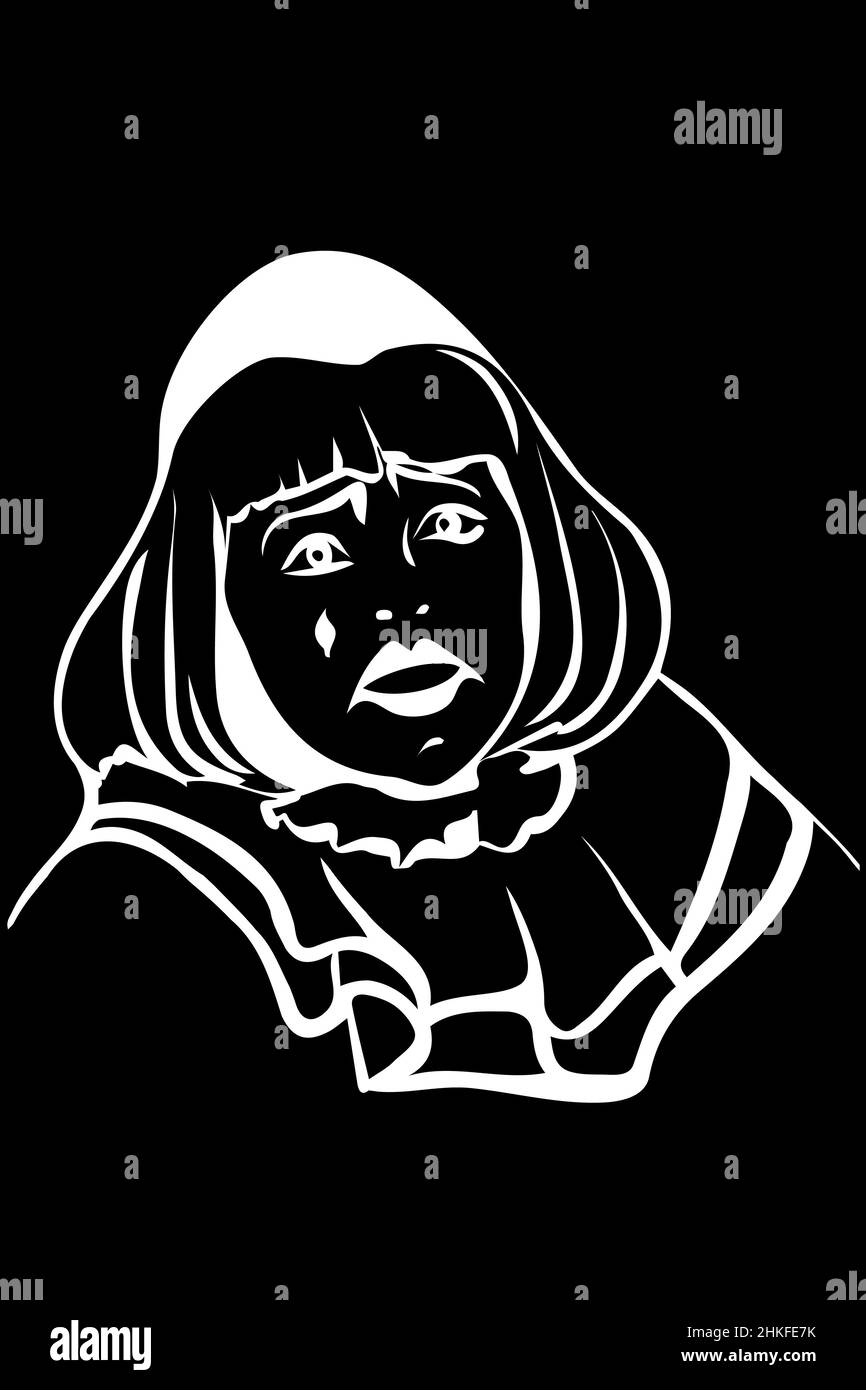dessin vectoriel noir et blanc d'un clown blanc triste Banque D'Images
