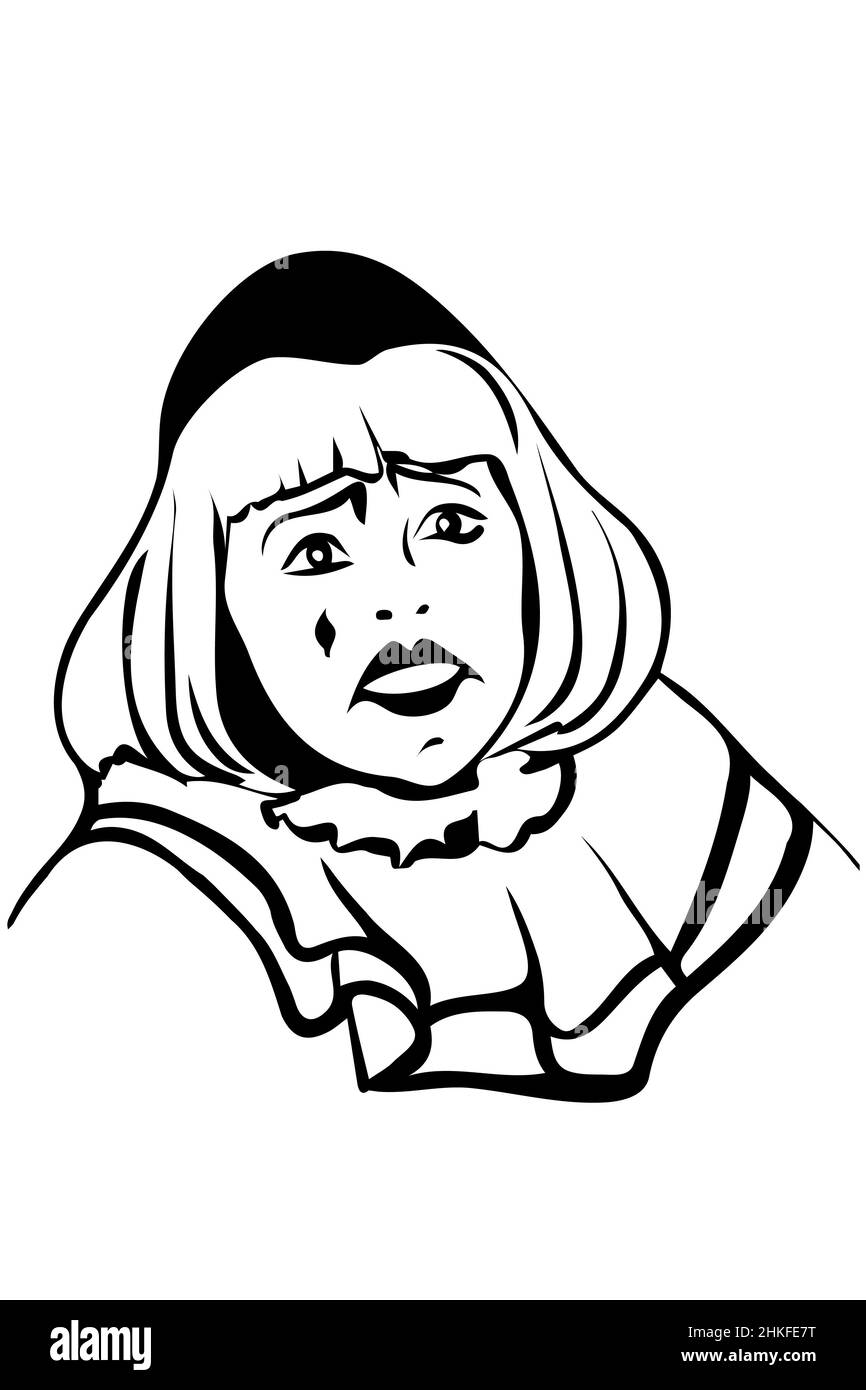 dessin vectoriel noir et blanc d'un clown blanc triste Banque D'Images
