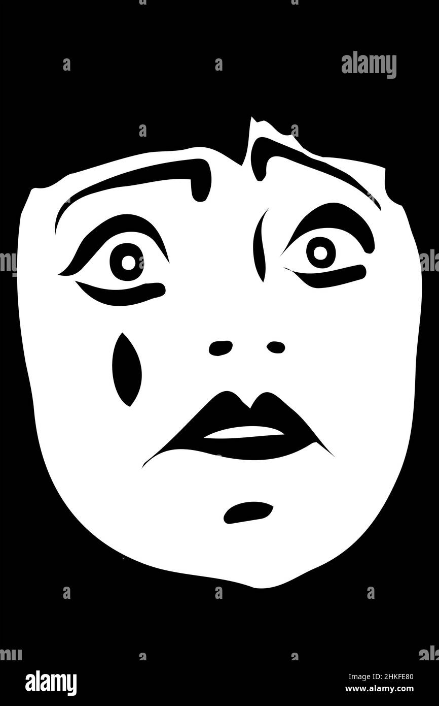 dessin vectoriel noir et blanc d'un clown blanc triste Banque D'Images