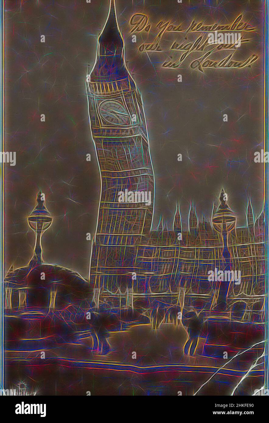 Inspiré par la vue de Big Ben à Londres, grotesque, maker: Rotary photo, Londres, 2-Apr-1918, Impression en gélatine argentée, écriture (procédés), hauteur 136 mm × largeur 85 mm, réimaginée par Artotop. L'art classique réinventé avec une touche moderne. Conception de lumière chaleureuse et gaie, de luminosité et de rayonnement de lumière. La photographie s'inspire du surréalisme et du futurisme, embrassant l'énergie dynamique de la technologie moderne, du mouvement, de la vitesse et révolutionne la culture Banque D'Images
