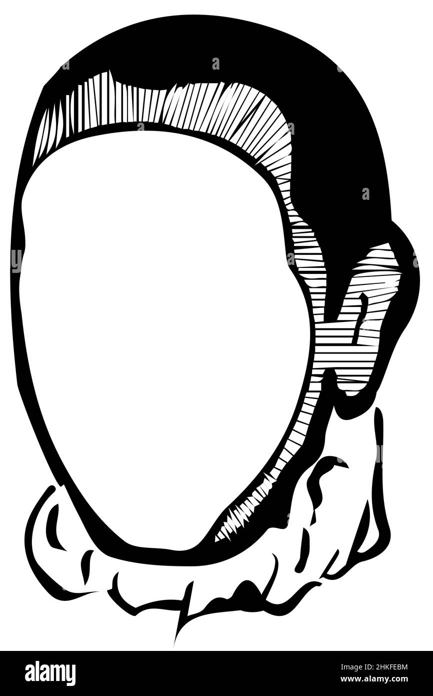 dessin vectoriel noir et blanc du visage d'un homme blanc sans yeux Banque D'Images
