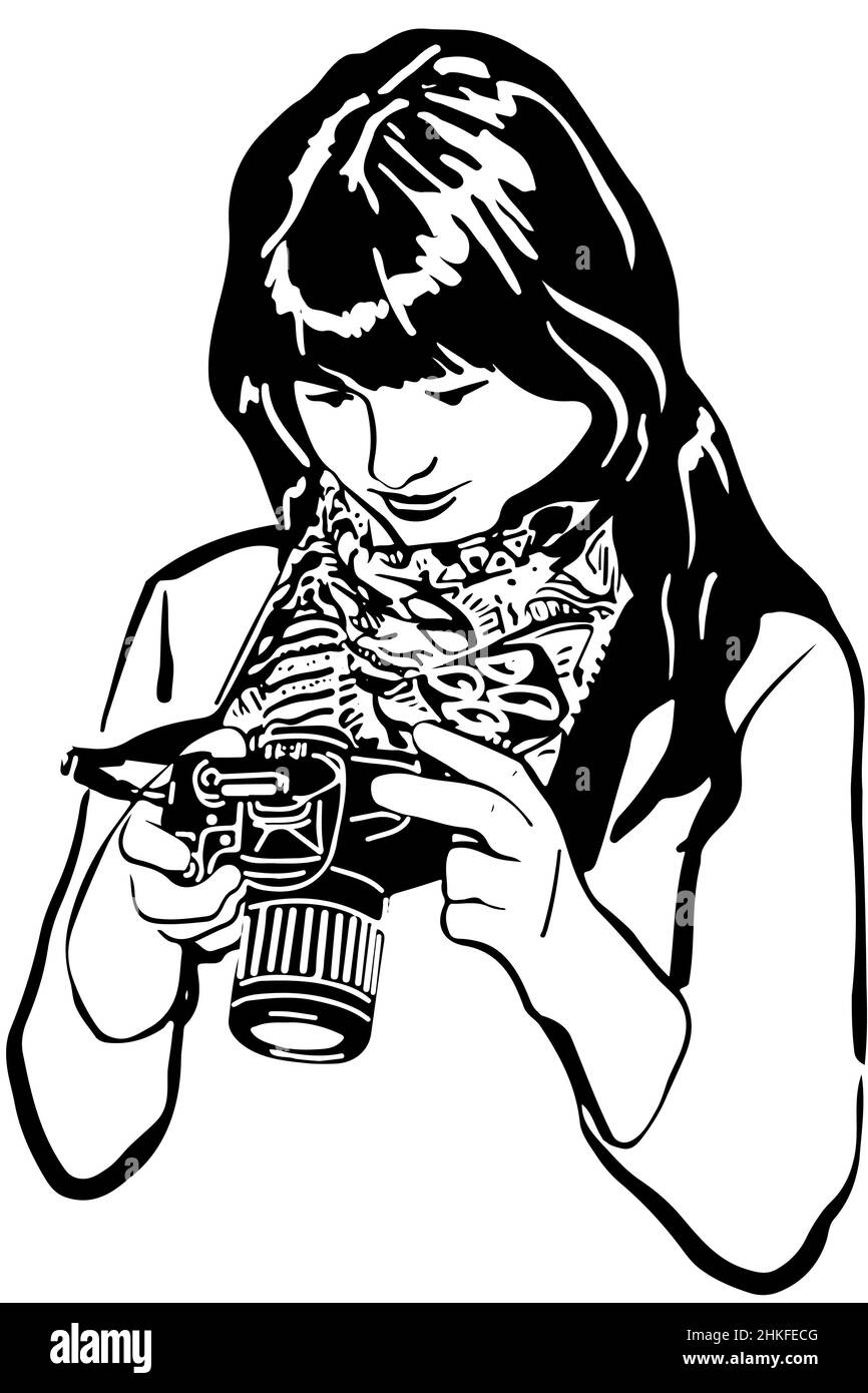 dessin vectoriel noir et blanc d'une belle fille avec un appareil photo Banque D'Images