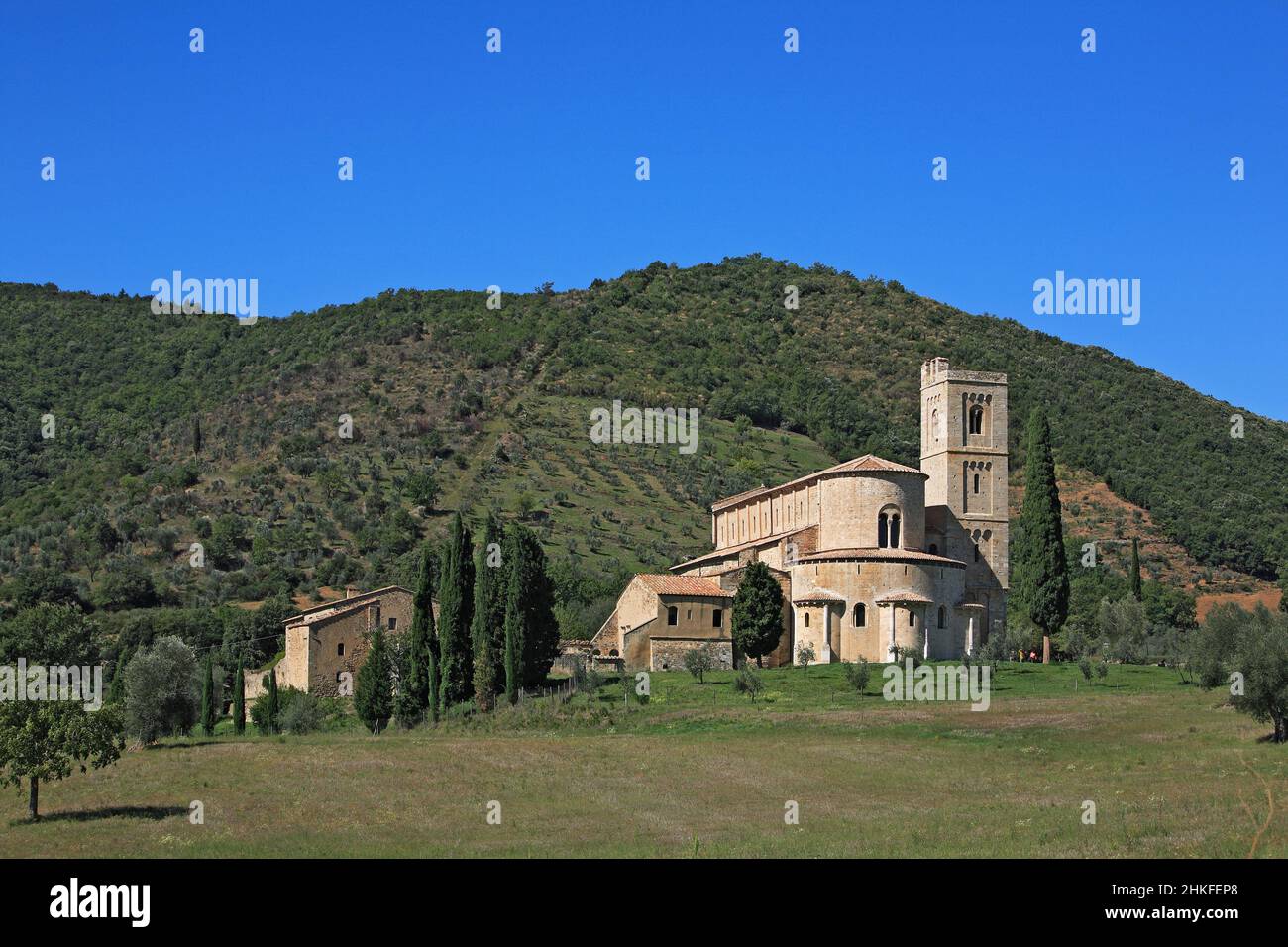 Minster et ancienne abbaye bénédictine de Sant' anti-Mon. en Toscane, province de Sienne, Italie Banque D'Images