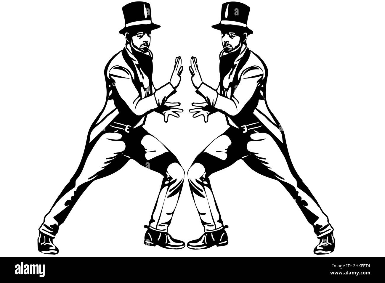 dessin vectoriel noir et blanc d'un magicien dans un cylindre faisant des passes avec ses mains Banque D'Images