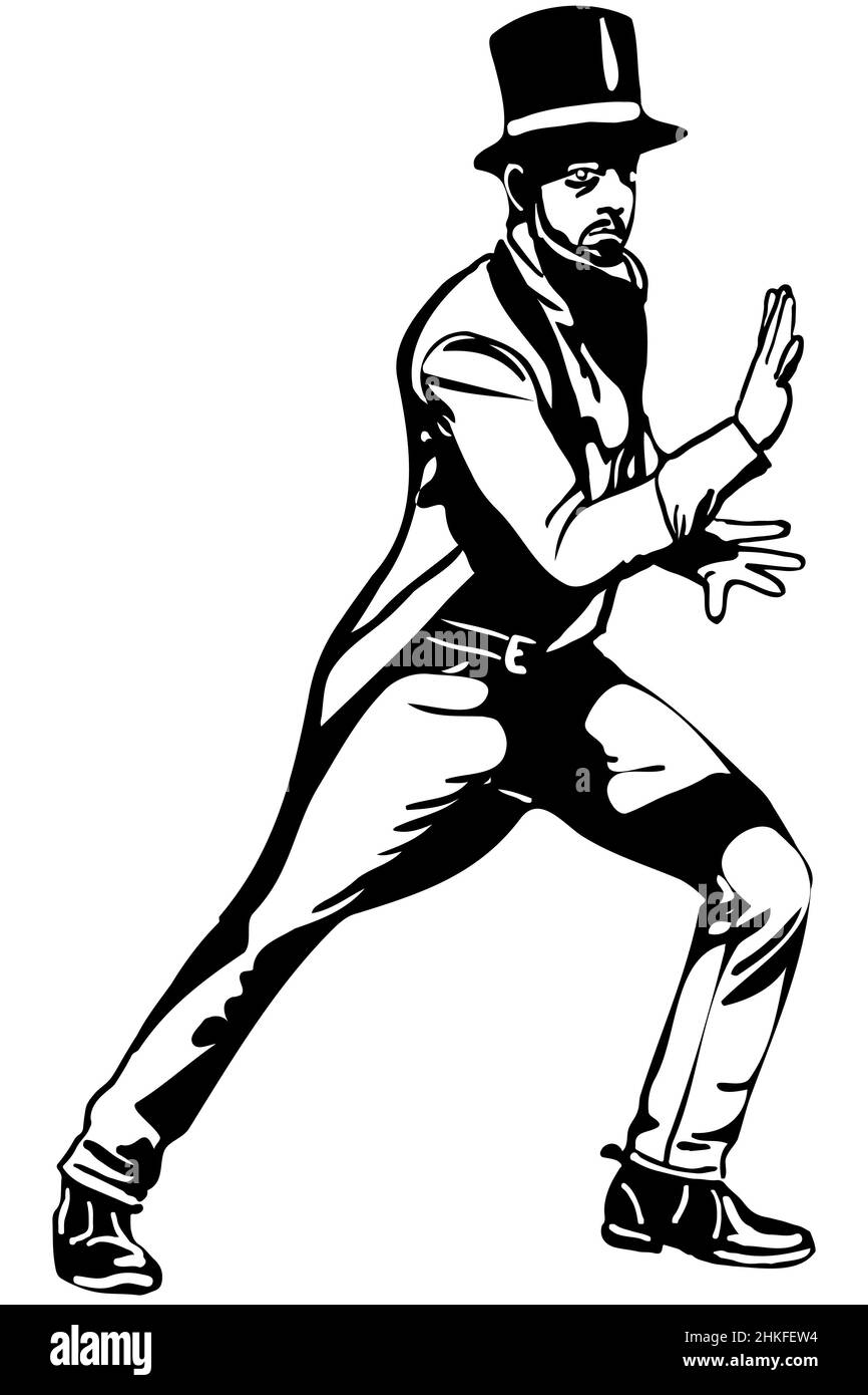 dessin vectoriel noir et blanc d'un magicien dans un cylindre faisant des passes avec ses mains Banque D'Images