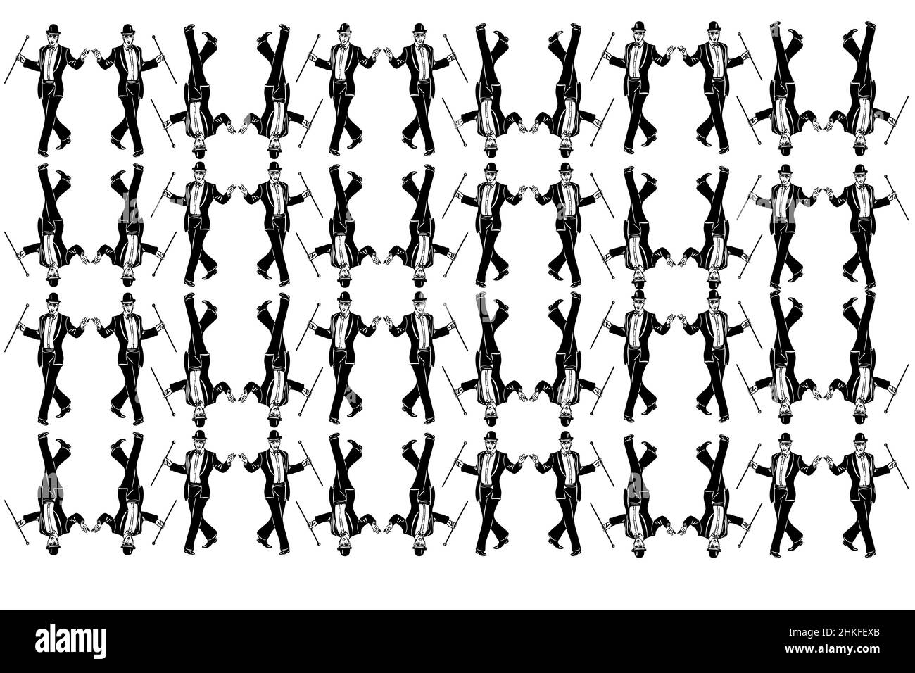 dessin vectoriel noir et blanc d'un magicien mâle dans un smoking portant un chapeau de melon dansant Banque D'Images