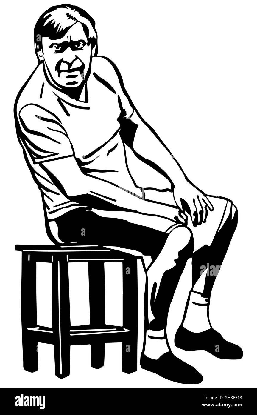 dessin vectoriel noir et blanc homme adulte assis sur un tabouret Banque D'Images