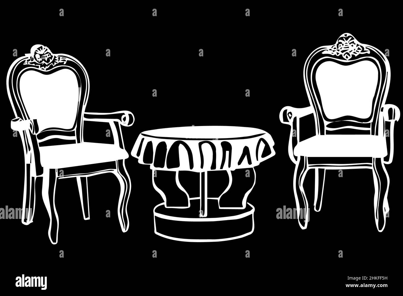dessin vectoriel noir et blanc deux chaises vintage avec accoudoirs et table ronde Banque D'Images