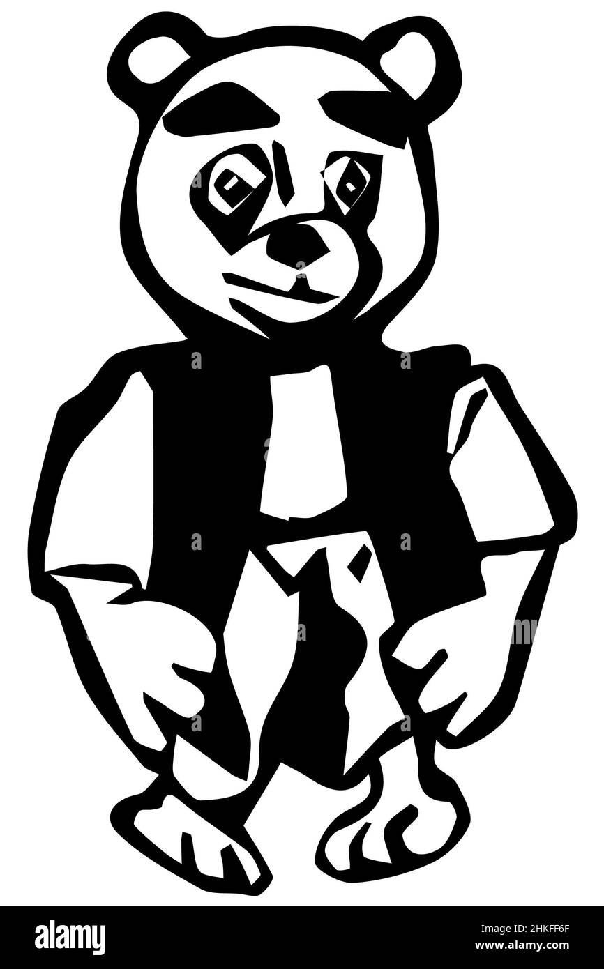 dessin vectoriel noir et blanc d'un ours en peluche drôle dans un gilet Banque D'Images