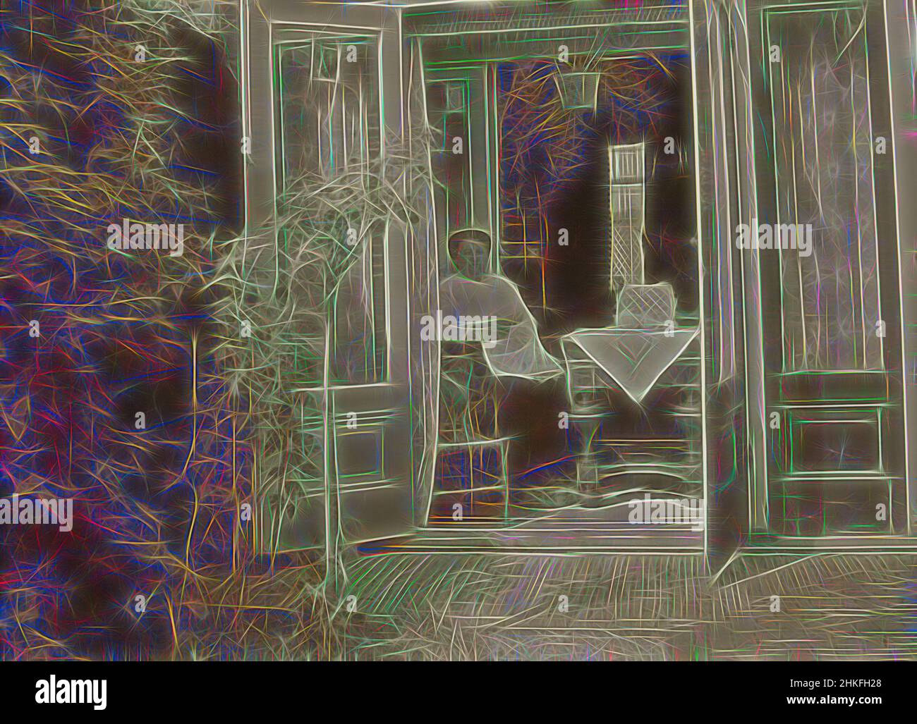 Inspiré par Portrait de femme avec artisanat dans la salle de séjour, vu du jardin à travers les portes françaises dans la maison, pays-Bas, 1900 - 1915, imprimé argent de gélatine, réimaginé par Artotop. L'art classique réinventé avec une touche moderne. Conception de lumière chaleureuse et gaie, de luminosité et de rayonnement de lumière. La photographie s'inspire du surréalisme et du futurisme, embrassant l'énergie dynamique de la technologie moderne, du mouvement, de la vitesse et révolutionne la culture Banque D'Images