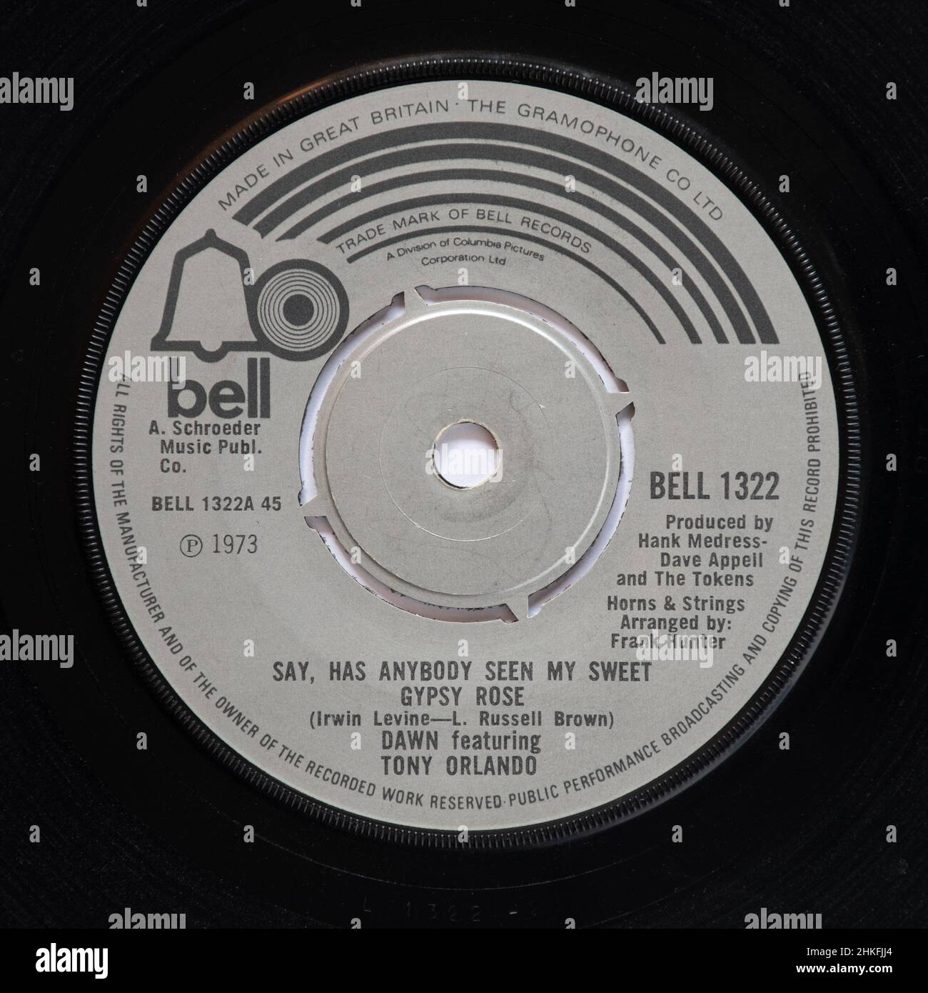 Disons, n'importe qui a vu ma douce rose gitane, par Dawn avec Tony Orlando, une photo de stock du 7' simple vinyle 45 tr/min record Banque D'Images