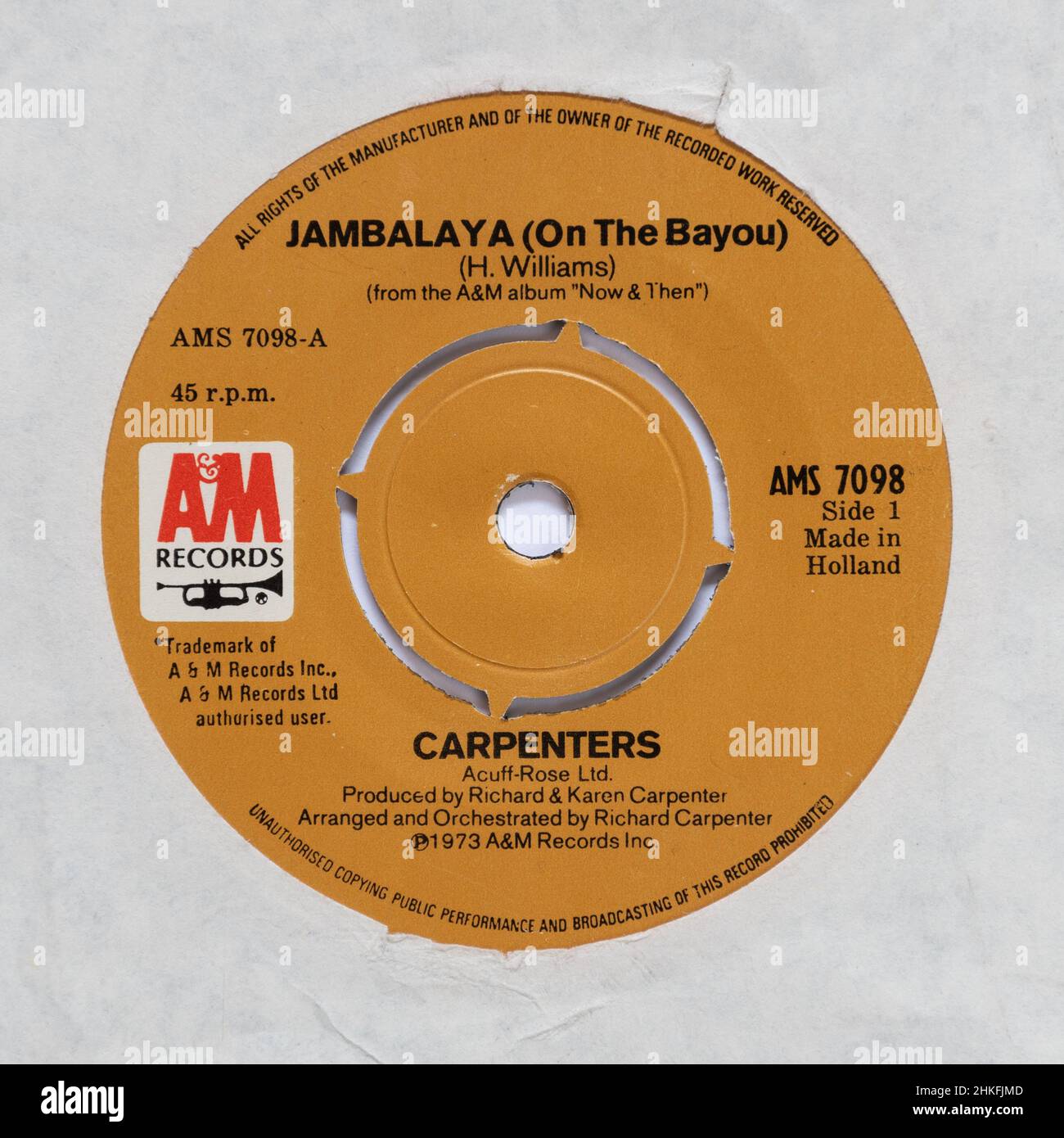 Jambalaya (sur le Bayou) par les Carpenters, une photo de stock du 7' single vinyle 45 tr/min record Banque D'Images