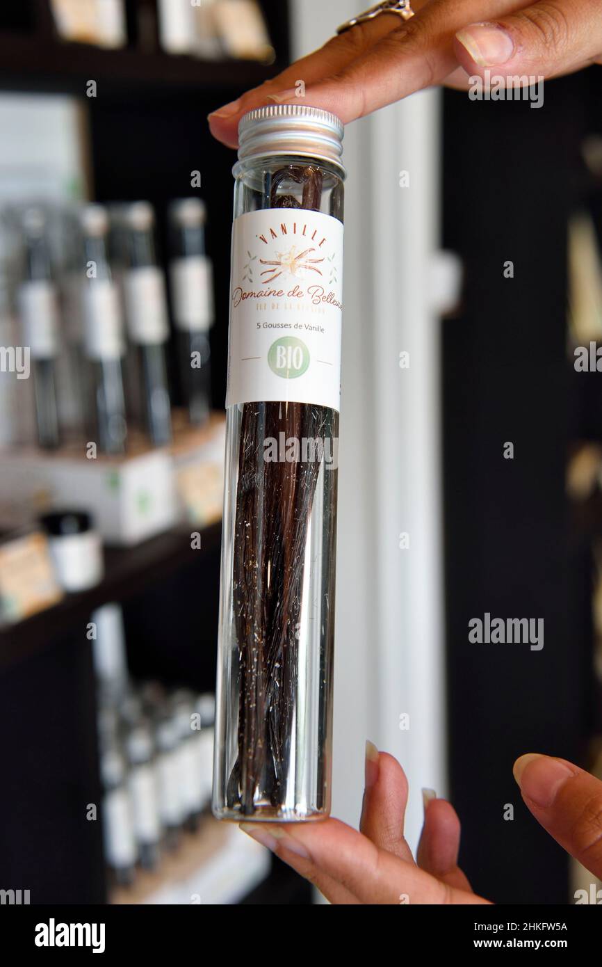 France, Ile de la Réunion (département français d'outre-mer), Saint Louis, magasin le Comptoir de la vanille, tube de vanille biologique du domaine de Bellevue Banque D'Images