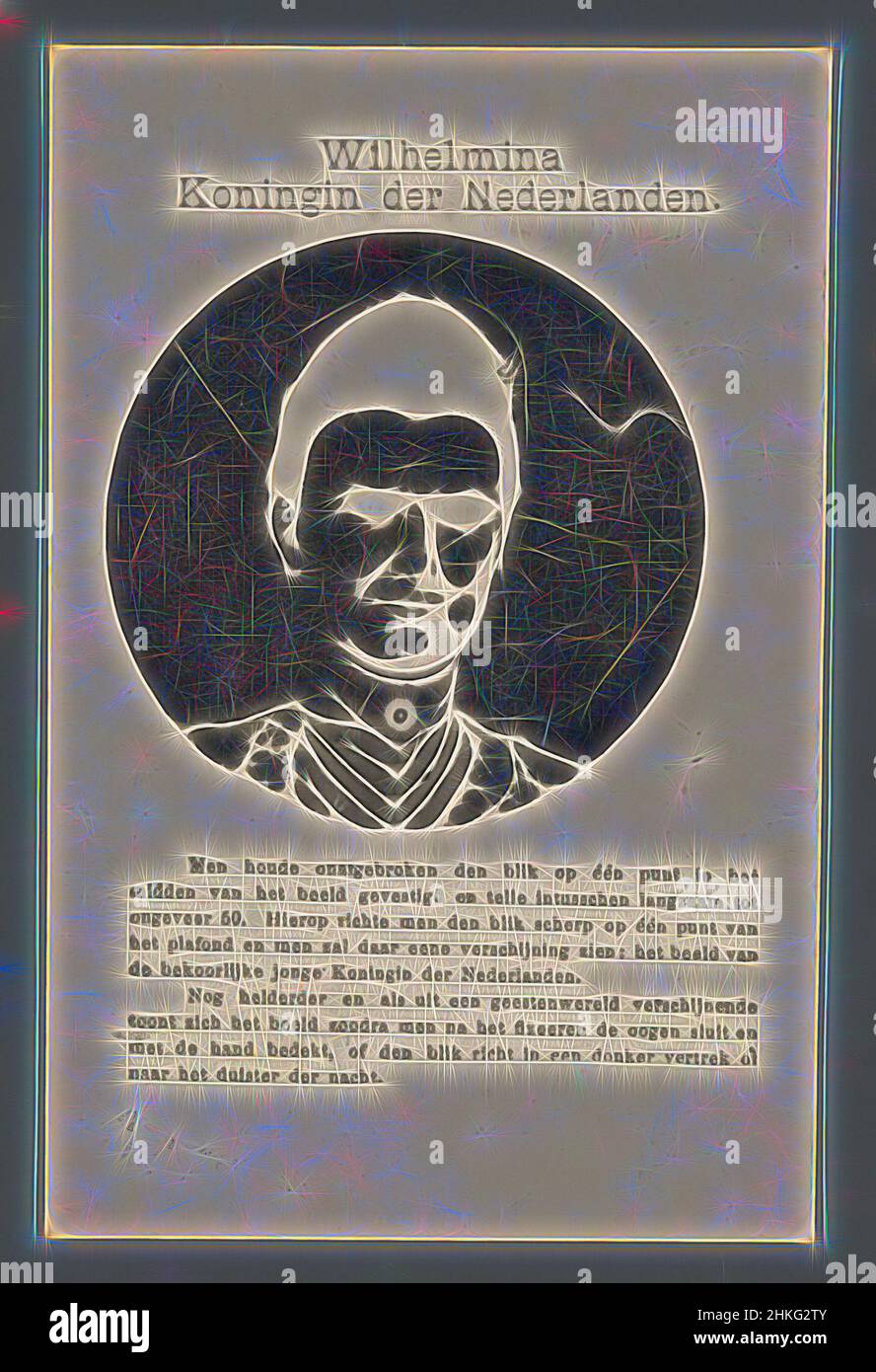 Inspiré par Wilhelmina Reine des pays-Bas, fabricant : 1898 - 1905, bloc d'impression, hauteur 136 mm × largeur 89 mm, réimaginé par Artotop. L'art classique réinventé avec une touche moderne. Conception de lumière chaleureuse et gaie, de luminosité et de rayonnement de lumière. La photographie s'inspire du surréalisme et du futurisme, embrassant l'énergie dynamique de la technologie moderne, du mouvement, de la vitesse et révolutionne la culture Banque D'Images
