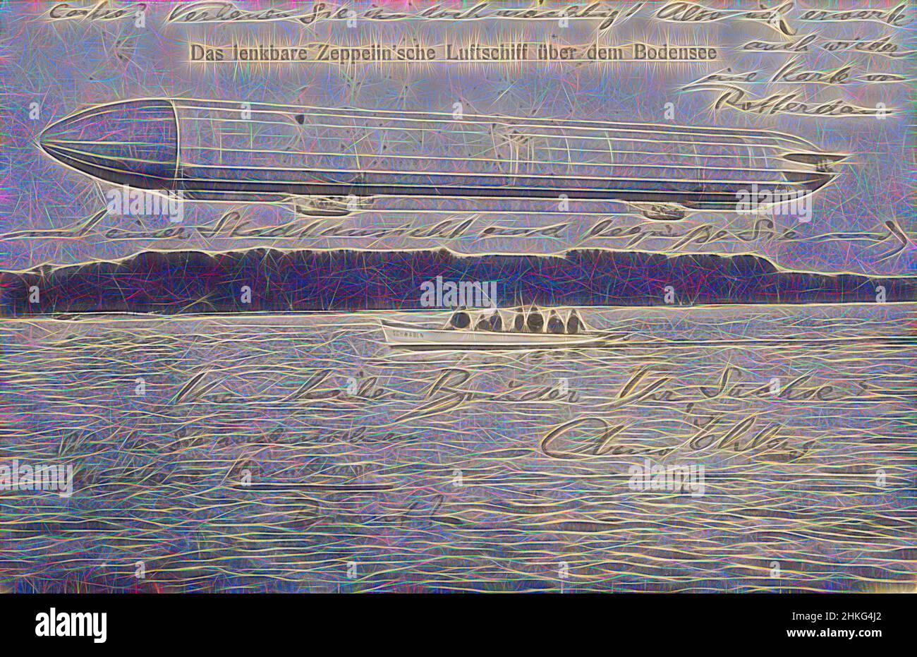 Inspiré par Zeppelin au-dessus du lac de Constance, Das lenkbare Zeppelin'sche Luftschiff über dem Bodensee, Allemagne, c. 1906 - avant 15-sept-1908, papier, collotype, hauteur 89 mm × largeur 137 mm, réimaginé par Artotop. L'art classique réinventé avec une touche moderne. Conception de lumière chaleureuse et gaie, de luminosité et de rayonnement de lumière. La photographie s'inspire du surréalisme et du futurisme, embrassant l'énergie dynamique de la technologie moderne, du mouvement, de la vitesse et révolutionne la culture Banque D'Images