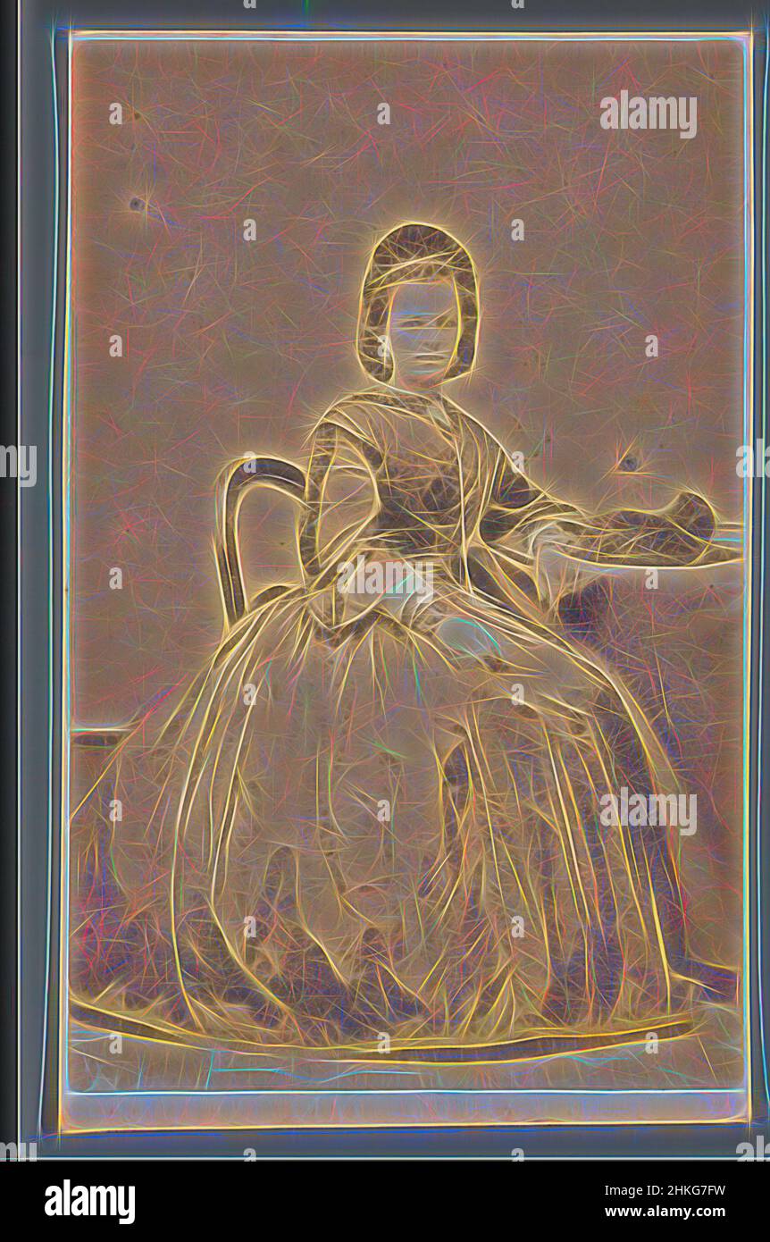 Inspiré par Portrait d'une femme inconnue assise à une table, Johannes Hinderikus Egenberger, Groningen (province), 1864 - 1880, papier, Imprimé albumine, hauteur 98 mm × largeur 62 mm, repensé par Artotop. L'art classique réinventé avec une touche moderne. Conception de lumière chaleureuse et gaie, de luminosité et de rayonnement de lumière. La photographie s'inspire du surréalisme et du futurisme, embrassant l'énergie dynamique de la technologie moderne, du mouvement, de la vitesse et révolutionne la culture Banque D'Images