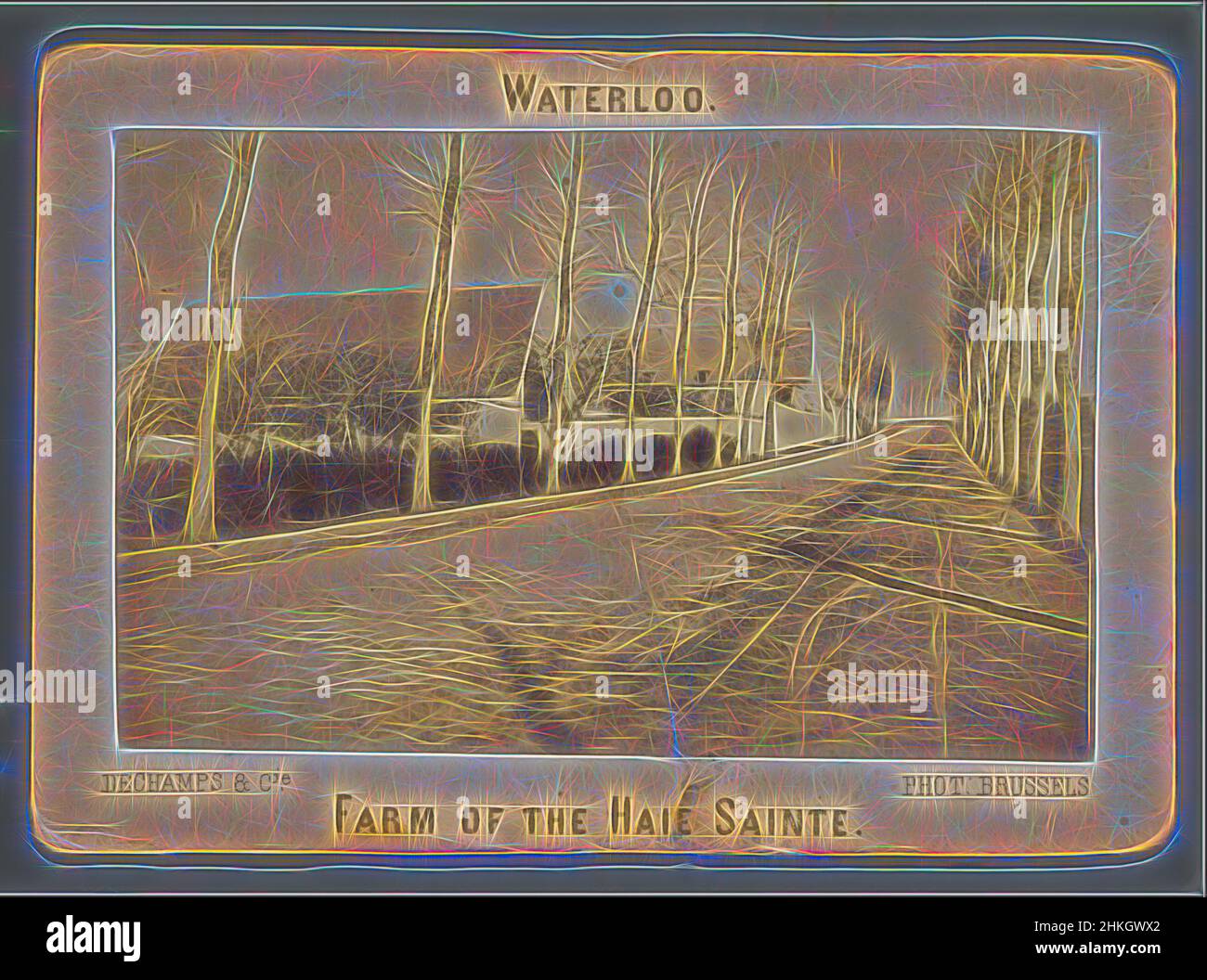 Inspiré par la ferme la Haye Sainte près de Waterloo, ferme de la Haie Sainte, Waterloo, Pierre-Edouard Dechamps, éditeur: Dechamps et Cie., Waterloo, éditeur: Bruxelles, 1863 - 1880, papier, Imprimé albumine, hauteur 70 mm × largeur 100 mm, repensé par Artotop. L'art classique réinventé avec une touche moderne. Conception de lumière chaleureuse et gaie, de luminosité et de rayonnement de lumière. La photographie s'inspire du surréalisme et du futurisme, embrassant l'énergie dynamique de la technologie moderne, du mouvement, de la vitesse et révolutionne la culture Banque D'Images