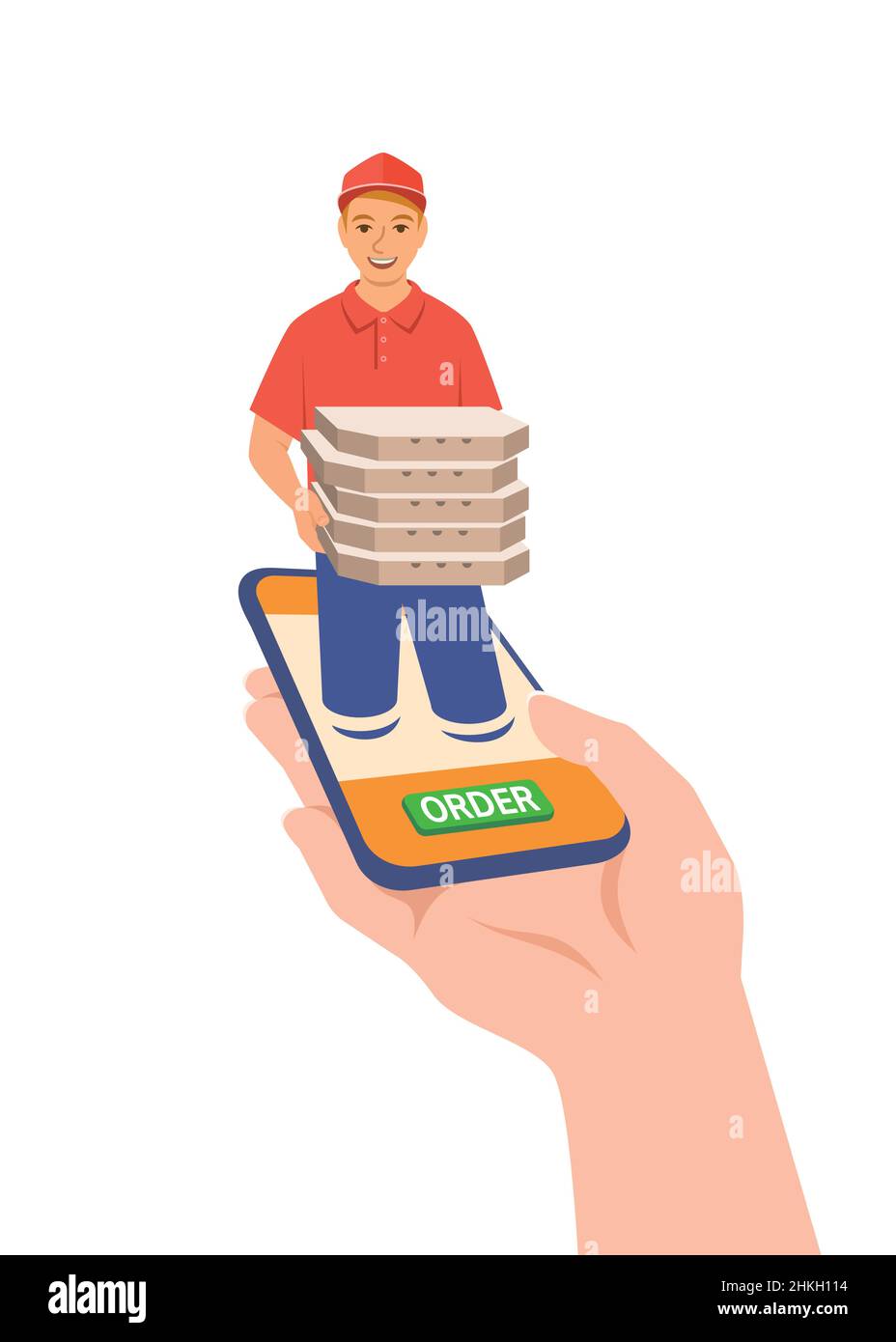 Concept de livraison express de pizza.Le client passe une commande en ligne à l'aide de l'application pour smartphone et l'obtient rapidement.Un jeune garçon de livraison sympathique donne plusieurs pizzas Illustration de Vecteur