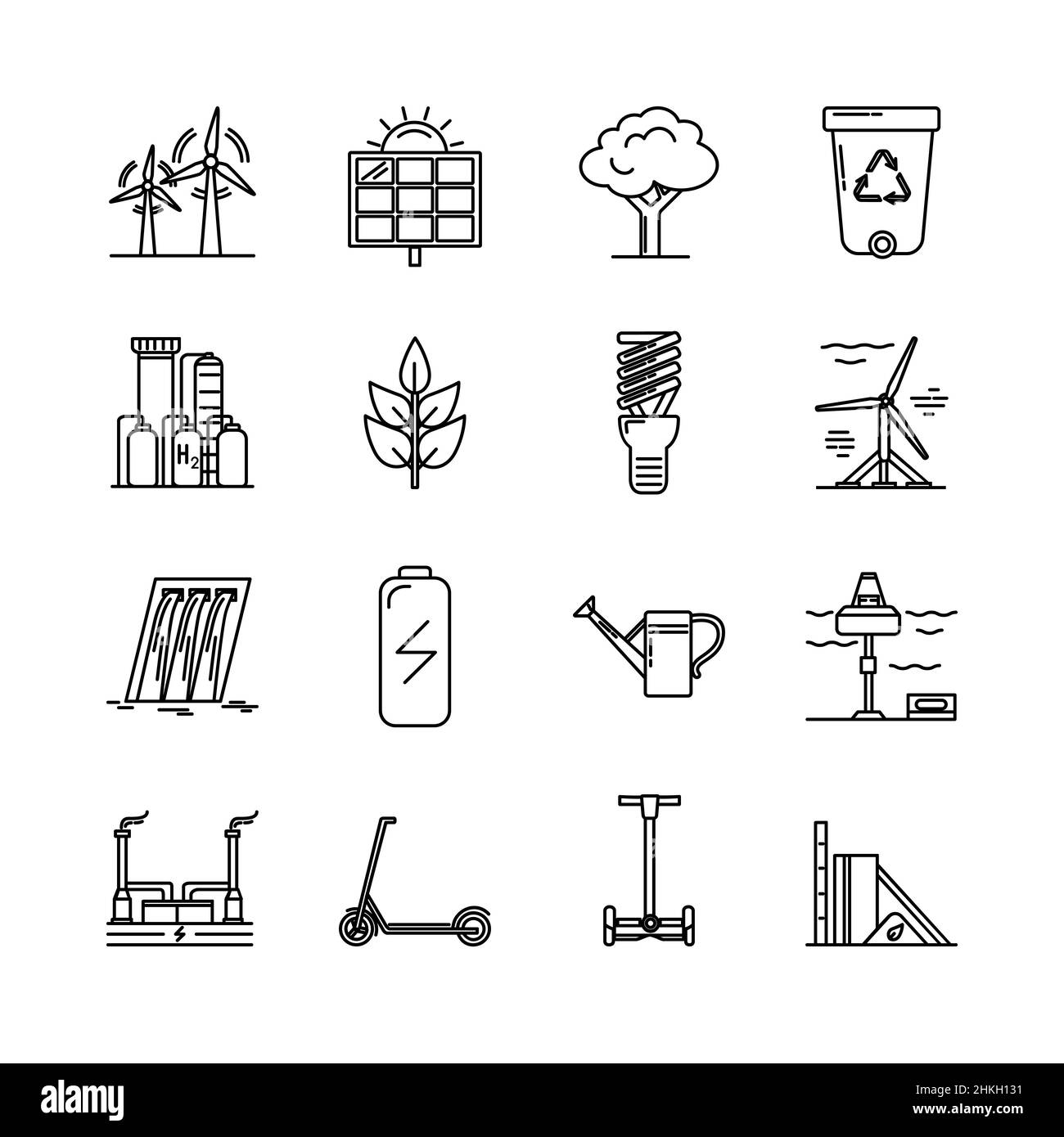Collection d'icônes d'énergie et d'écologie en ligne fine.Sources d'énergie renouvelables, transport écologique et objets en symboles linéaires isolés sur blanc Illustration de Vecteur