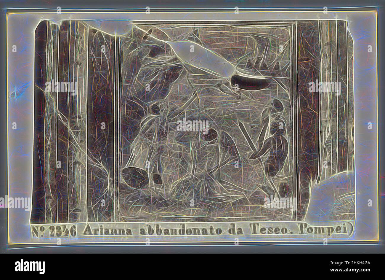 Inspiré par la photoréproduction de fresque d'Ariadne laissée par Theseus, Pompéi, Arianna abbandonato da Teseo. Pompei, Sommer & Behles, Pompéi, 1865 - 1874, papier, Imprimé albumine, hauteur 64 mm × largeur 103 mm, repensé par Artotop. L'art classique réinventé avec une touche moderne. Conception de lumière chaleureuse et gaie, de luminosité et de rayonnement de lumière. La photographie s'inspire du surréalisme et du futurisme, embrassant l'énergie dynamique de la technologie moderne, du mouvement, de la vitesse et révolutionne la culture Banque D'Images
