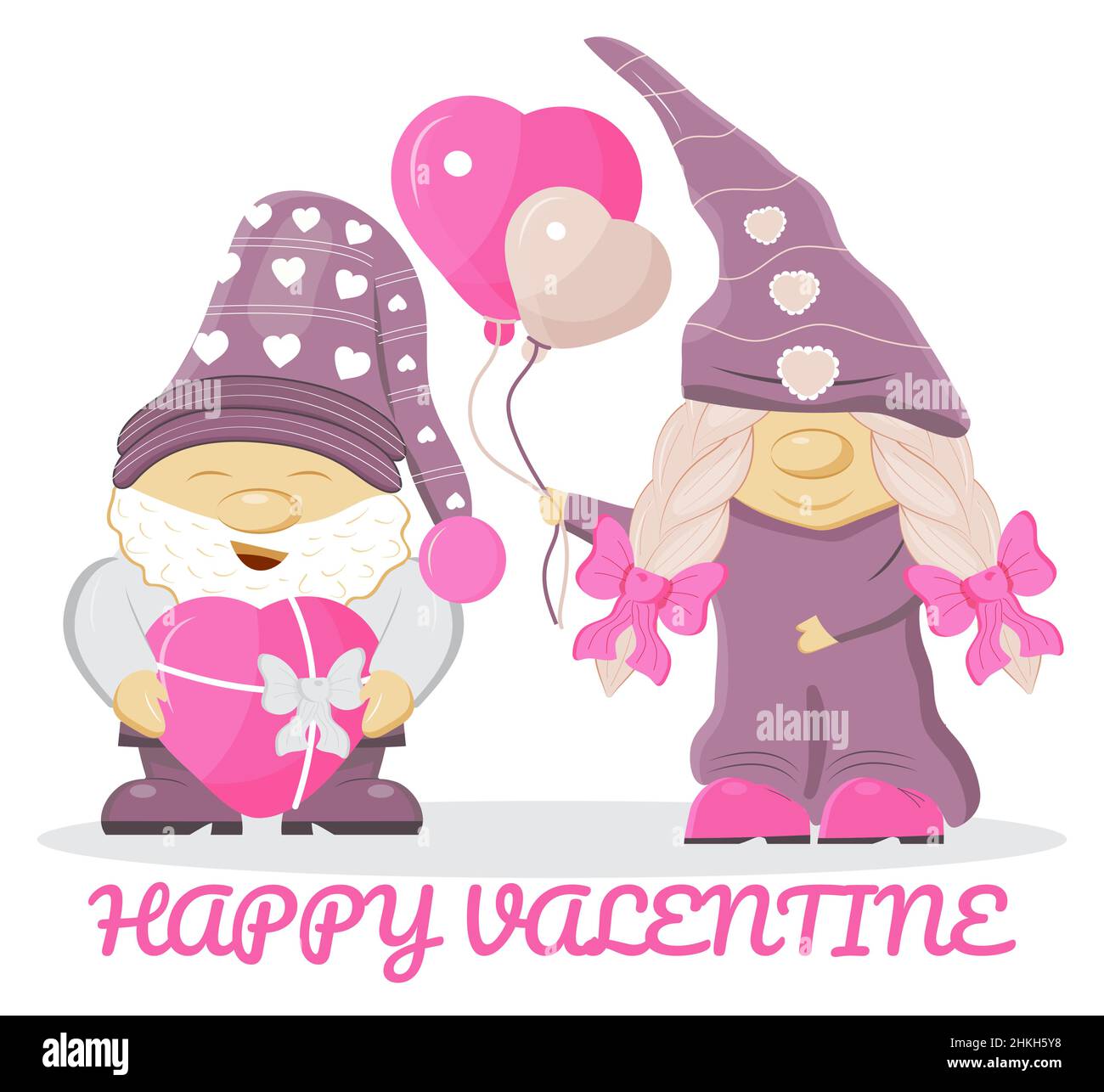 Vecteur de concept Gnomes de Saint-Valentin.Mignon dessin animé elf Helding dans les mains Valentin carte de coeur de jour, rose, ballon.Nain drôle et doux Illustration de Vecteur