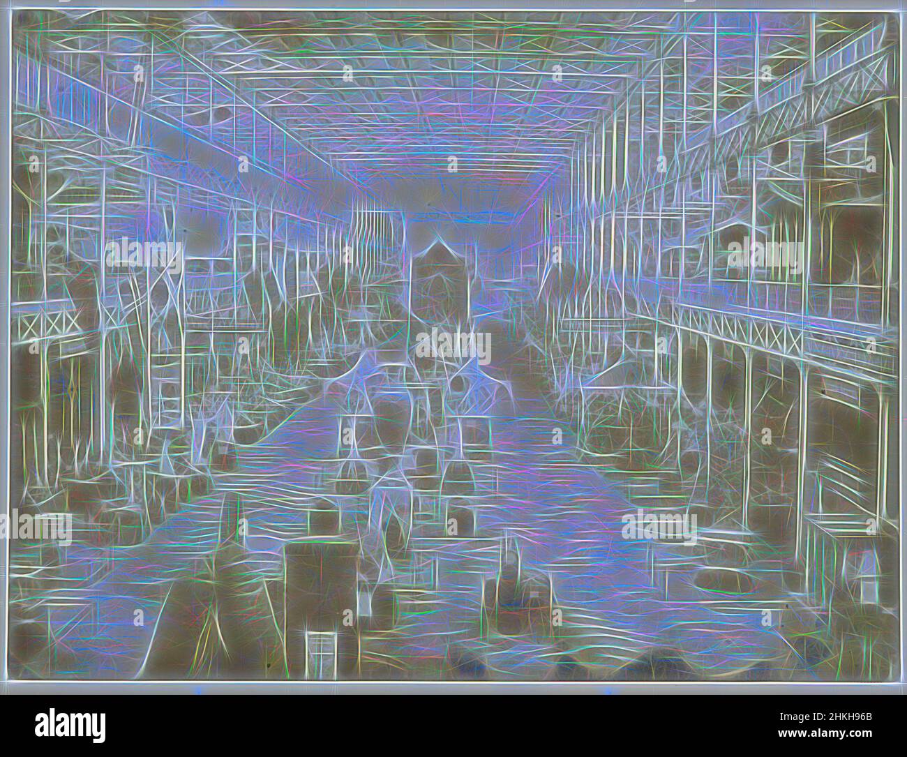 Inspiré par l'intérieur de la grande exposition des œuvres de l'industrie de toutes les nations de 1851 au Crystal Palace à Londres, vue de l'est de Nave, C.M. Ferrier & F. von Martens, imprimeur : Nicolaas Henneman, Londres, 1851, imprimé en papier salé, Hauteur 165 mm × largeur 218 mm, repensé par Artotop. L'art classique réinventé avec une touche moderne. Conception de lumière chaleureuse et gaie, de luminosité et de rayonnement de lumière. La photographie s'inspire du surréalisme et du futurisme, embrassant l'énergie dynamique de la technologie moderne, du mouvement, de la vitesse et révolutionne la culture Banque D'Images