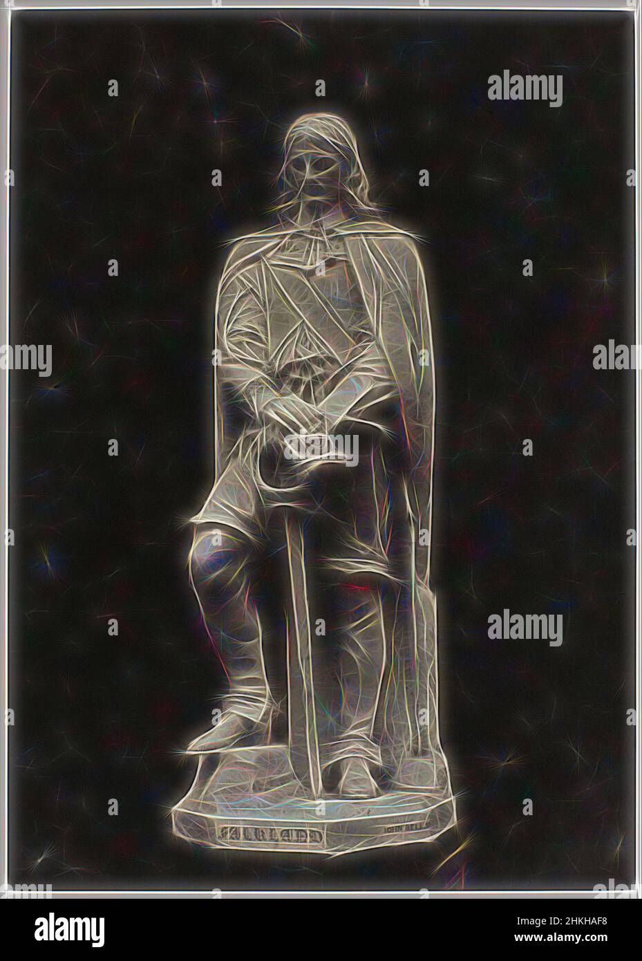 Inspiré par la statue de John Bell, représentant Lord Falkland, exposé à la grande exposition des œuvres de l'industrie de toutes les nations de Londres en 1851, Lord Falkland. Bell, C.M. Ferrier & F. von Martens, imprimeur : Nicolaas Henneman, Londres, 1851, imprimé en papier salé, Hauteur 188 mm × largeur 134 mm, repensé par Artotop. L'art classique réinventé avec une touche moderne. Conception de lumière chaleureuse et gaie, de luminosité et de rayonnement de lumière. La photographie s'inspire du surréalisme et du futurisme, embrassant l'énergie dynamique de la technologie moderne, du mouvement, de la vitesse et révolutionne la culture Banque D'Images