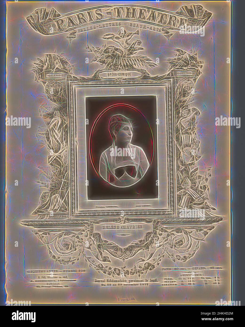 Inspiré par Portrait d'Hélène Chevrier, Helène Chevrier, Alphonse-Justin Liébert, Lemercier, c. 1872 - avant 1879, papier, hauteur 125 mm × largeur 85 mm, réimaginé par Artotop. L'art classique réinventé avec une touche moderne. Conception de lumière chaleureuse et gaie, de luminosité et de rayonnement de lumière. La photographie s'inspire du surréalisme et du futurisme, embrassant l'énergie dynamique de la technologie moderne, du mouvement, de la vitesse et révolutionne la culture Banque D'Images