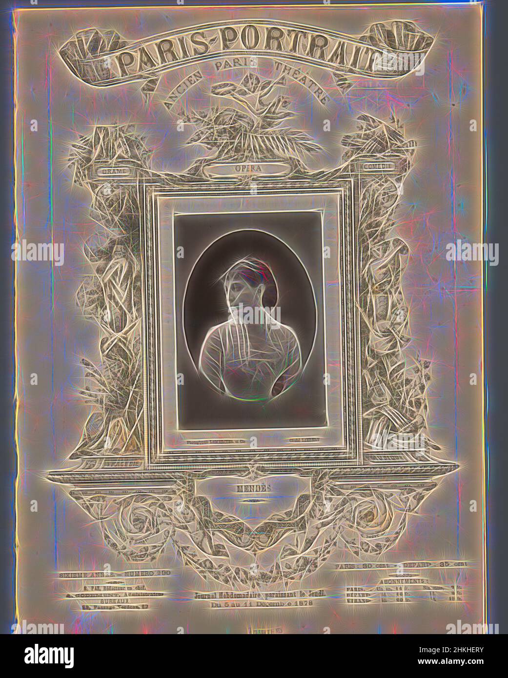 Inspiré par Portrait de Mme Mendès, Mendès, Alphonse-Justin Liébert, Lemercier & Cié., c. 1873 - avant 1880, papier, hauteur 126 mm × largeur 86 mm, réimaginé par Artotop. L'art classique réinventé avec une touche moderne. Conception de lumière chaleureuse et gaie, de luminosité et de rayonnement de lumière. La photographie s'inspire du surréalisme et du futurisme, embrassant l'énergie dynamique de la technologie moderne, du mouvement, de la vitesse et révolutionne la culture Banque D'Images